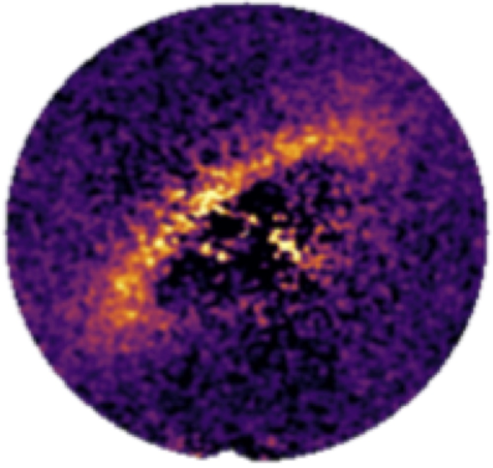 In this image of the HD 157587 debris disk, the lower left side of the disk is slightly brighter than the upper right side of the disk, suggesting a stellocentric offset, possibly caused by an unseen planet. Link: Millar-Blanchaer et al. 2016.